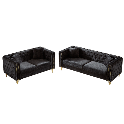 Chenille Pull Buckle Design Sofa for Living Room,Buttons Tufted With Copper Nail Decoration Armrest, Modern Couch Upholstered Button And Metal Legs