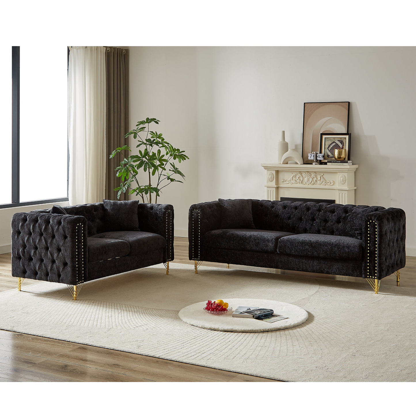 Chenille Pull Buckle Design Sofa for Living Room,Buttons Tufted With Copper Nail Decoration Armrest, Modern Couch Upholstered Button And Metal Legs