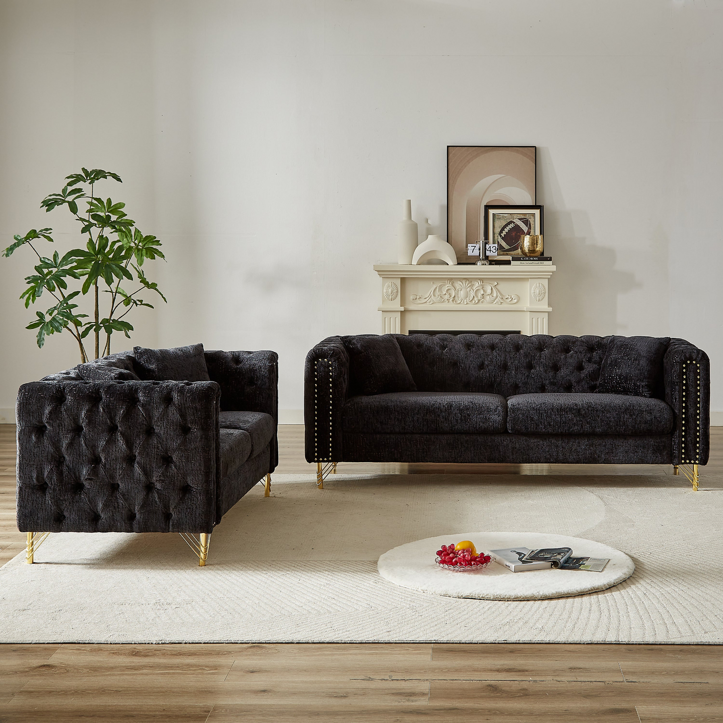 Chenille Pull Buckle Design Sofa for Living Room,Buttons Tufted With Copper Nail Decoration Armrest, Modern Couch Upholstered Button And Metal Legs