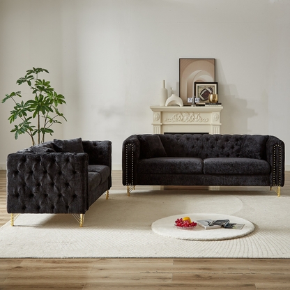Chenille Pull Buckle Design Sofa for Living Room,Buttons Tufted With Copper Nail Decoration Armrest, Modern Couch Upholstered Button And Metal Legs