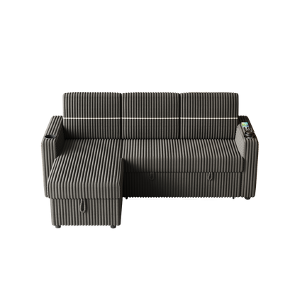 85 Inches Corduroy Sofa Bed, 3 Seater Sleeper Sofa with Storage Chaise, Square Handrail With Two Cup-holder And USB Charge Port, Pull Out Couch for Living Room