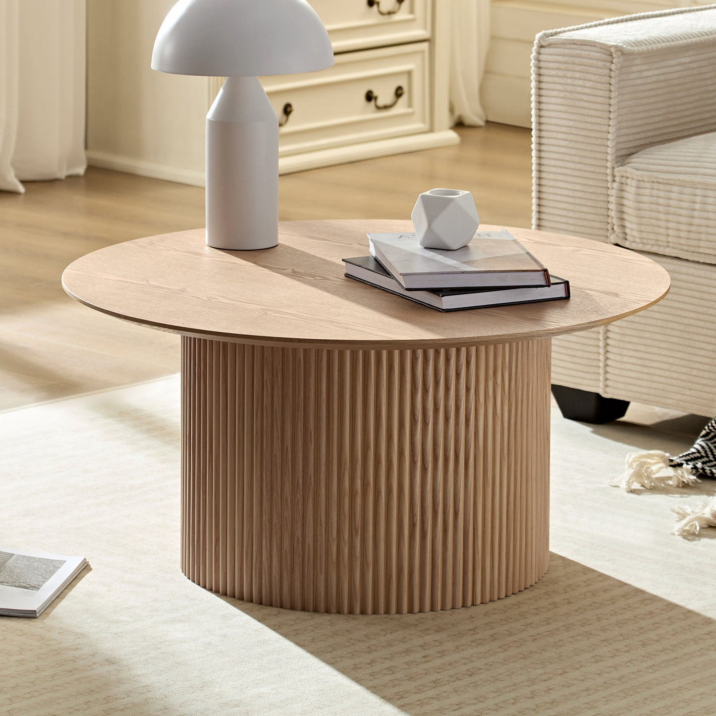 31.49  inch Coffee Table for Dining Room  Round coffee Tables Mid-Century Modern Table with Wood oak
