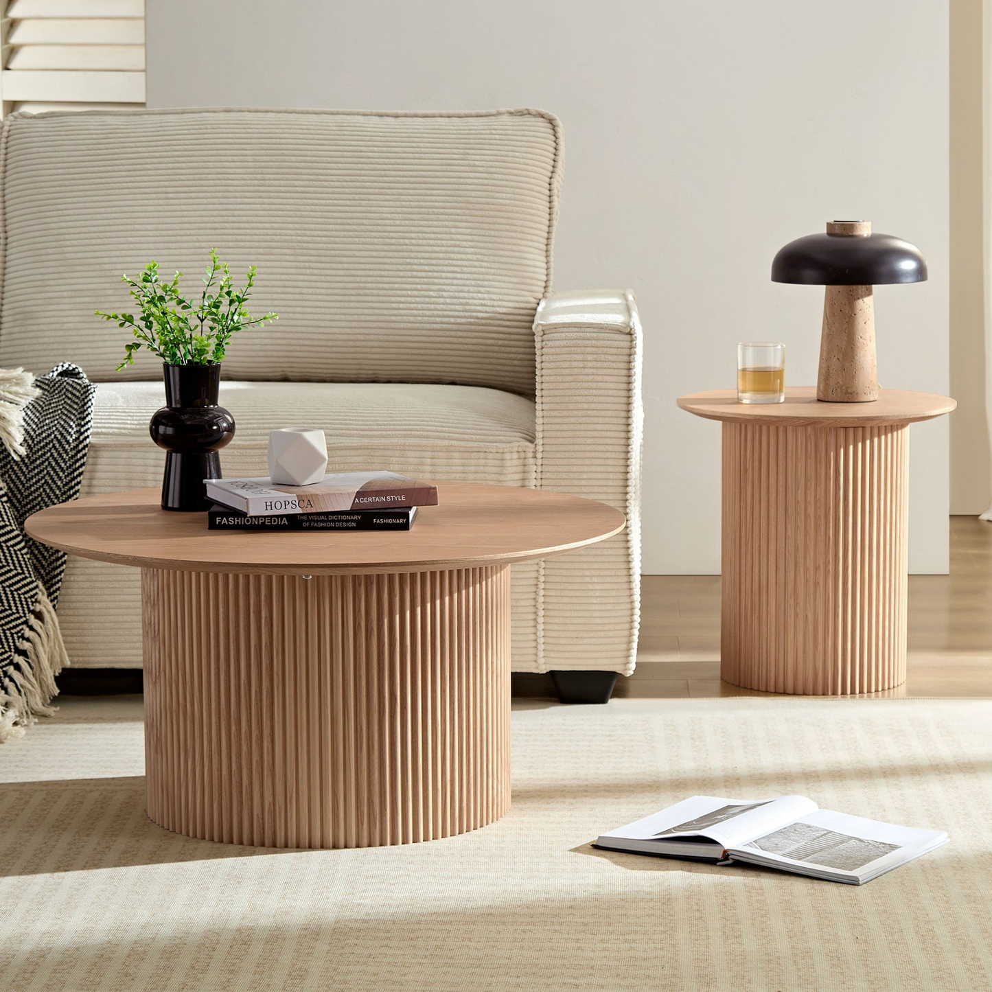 31.49  inch Coffee Table for Dining Room  Round coffee Tables Mid-Century Modern Table with Wood oak