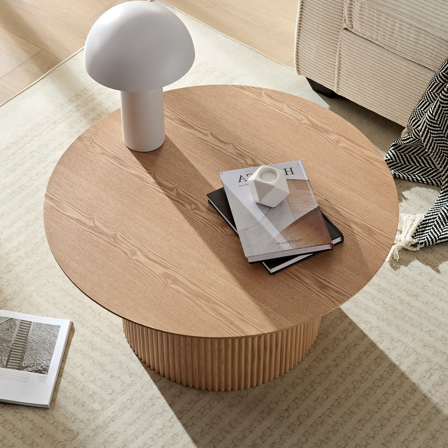 31.49  inch Coffee Table for Dining Room  Round coffee Tables Mid-Century Modern Table with Wood oak