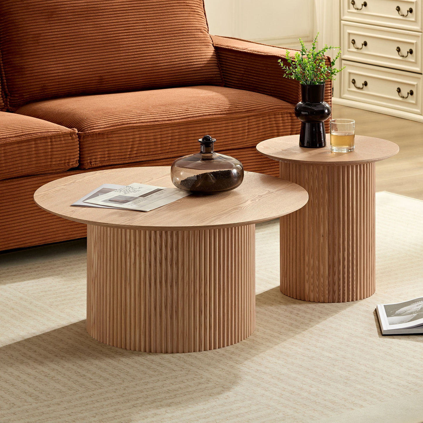 31.49  inch Coffee Table for Dining Room  Round coffee Tables Mid-Century Modern Table with Wood oak