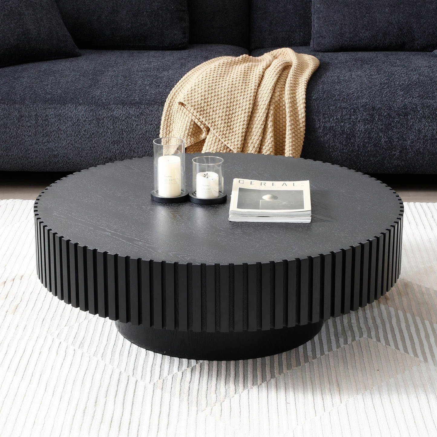 BLACK MDF coffee table 39.37inch Modern Handcraft Drum Coffee Table Round Wood Coffee Table for Living Room, Apartment