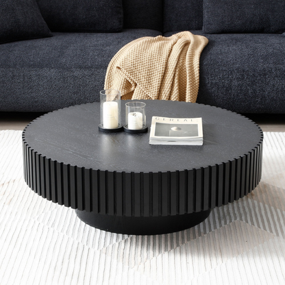 BLACK MDF coffee table 39.37inch Modern Handcraft Drum Coffee Table Round Wood Coffee Table for Living Room, Apartment