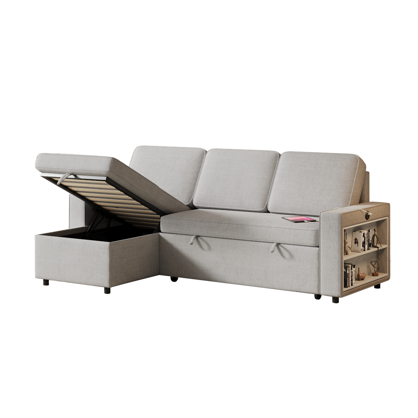 85.8" Pull Out Sleeper Sofa L-Shaped Couch Convertible Sofa Bed with Storage Chaise And Storage Racks,With USB Port And T-pyce Port