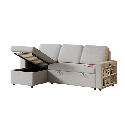85.8" Pull Out Sleeper Sofa L-Shaped Couch Convertible Sofa Bed with Storage Chaise And Storage Racks,With USB Port And T-pyce Port