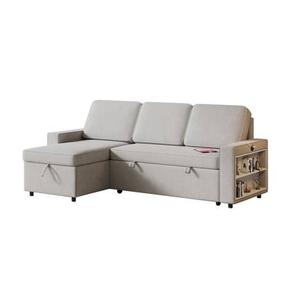 85.8" Pull Out Sleeper Sofa L-Shaped Couch Convertible Sofa Bed with Storage Chaise And Storage Racks,With USB Port And T-pyce Port