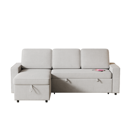 85.8" Pull Out Sleeper Sofa L-Shaped Couch Convertible Sofa Bed with Storage Chaise And Storage Racks,With USB Port And T-pyce Port