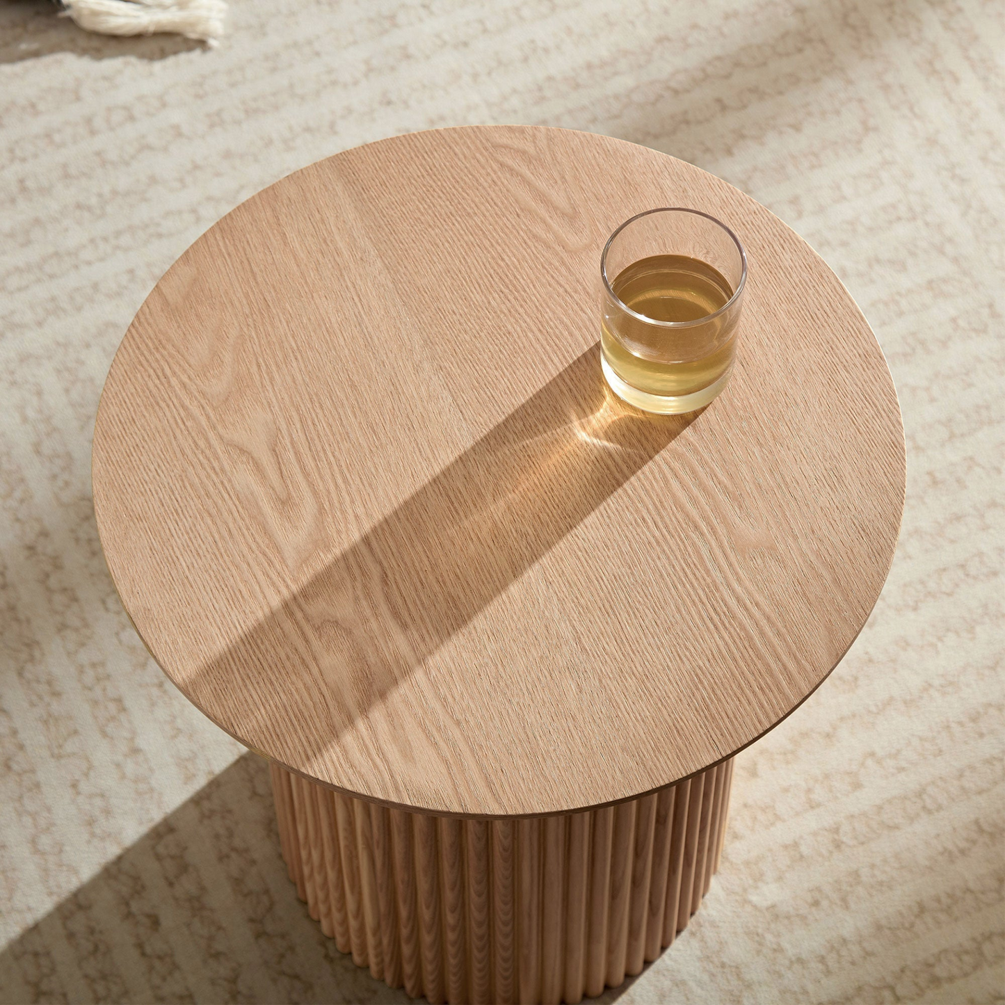 17.71 inch Round Fluted Side Table Circle Small Accent Table for Living Room Mid Century  Circle Bedside Table for Bedroom Oak