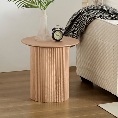 17.71 inch Round Fluted Side Table Circle Small Accent Table for Living Room Mid Century  Circle Bedside Table for Bedroom Oak
