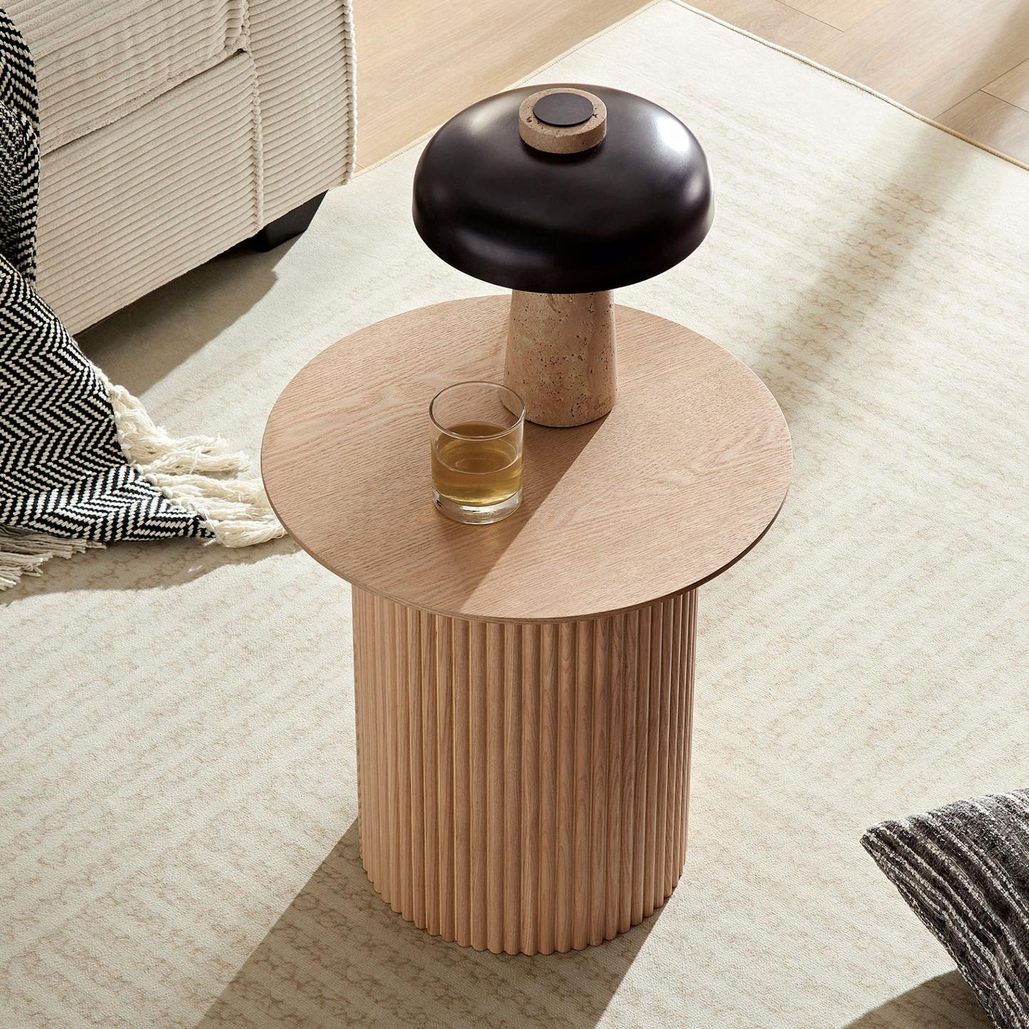 17.71 inch Round Fluted Side Table Circle Small Accent Table for Living Room Mid Century  Circle Bedside Table for Bedroom Oak