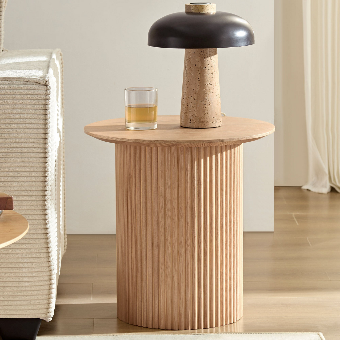 17.71 inch Round Fluted Side Table Circle Small Accent Table for Living Room Mid Century  Circle Bedside Table for Bedroom Oak