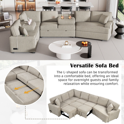 126" L-shaped Sofa Sectional Sofa Couch Pull-out Sofa Bed with Charging Devices and Cup Holders for Living Room, Beige