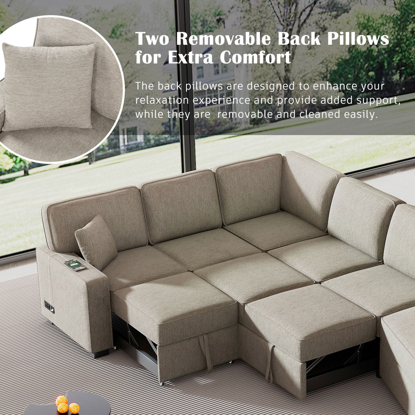 126" L-shaped Sofa Sectional Sofa Couch Pull-out Sofa Bed with Charging Devices and Cup Holders for Living Room, Beige