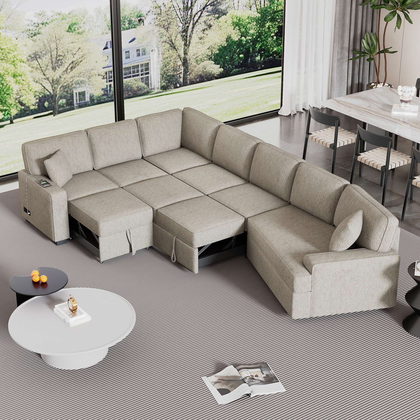 126" L-shaped Sofa Sectional Sofa Couch Pull-out Sofa Bed with Charging Devices and Cup Holders for Living Room, Beige