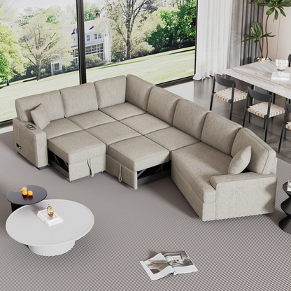 126" L-shaped Sofa Sectional Sofa Couch Pull-out Sofa Bed with Charging Devices and Cup Holders for Living Room, Beige