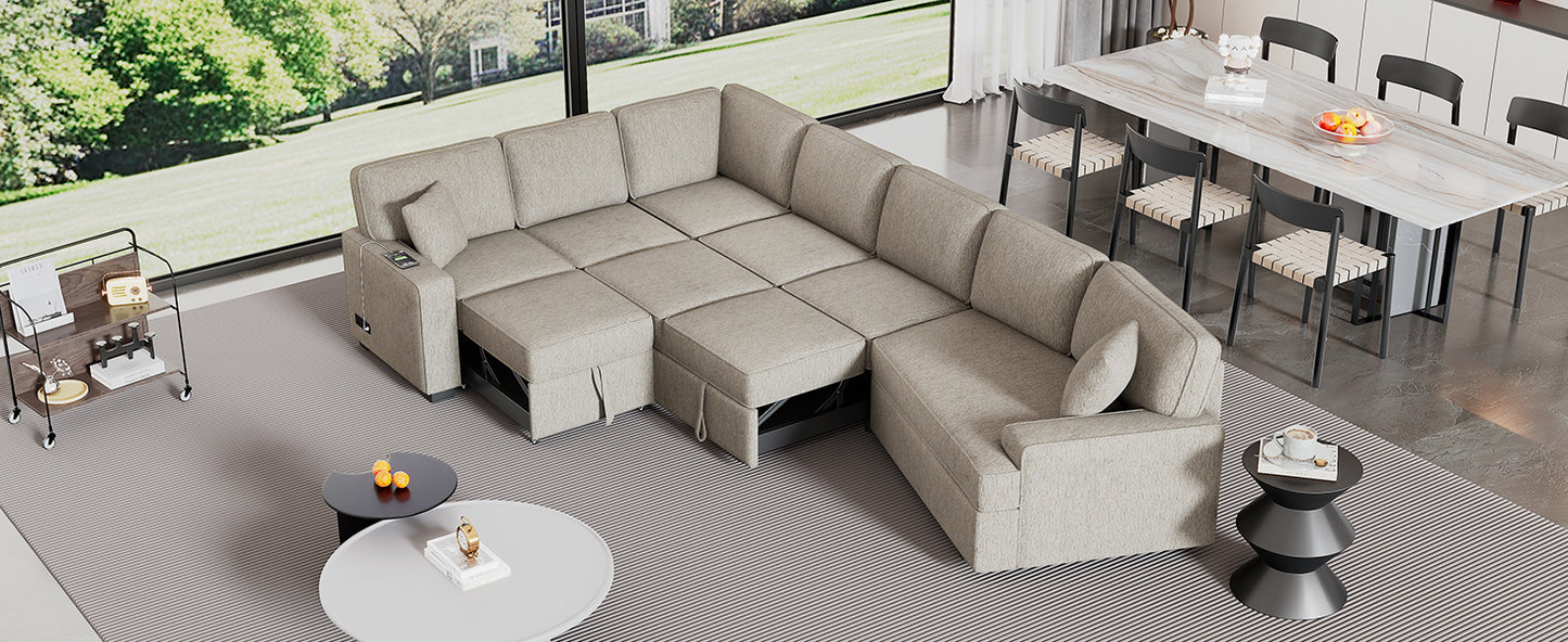 126" L-shaped Sofa Sectional Sofa Couch Pull-out Sofa Bed with Charging Devices and Cup Holders for Living Room, Beige