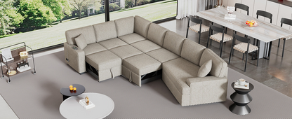 126" L-shaped Sofa Sectional Sofa Couch Pull-out Sofa Bed with Charging Devices and Cup Holders for Living Room, Beige