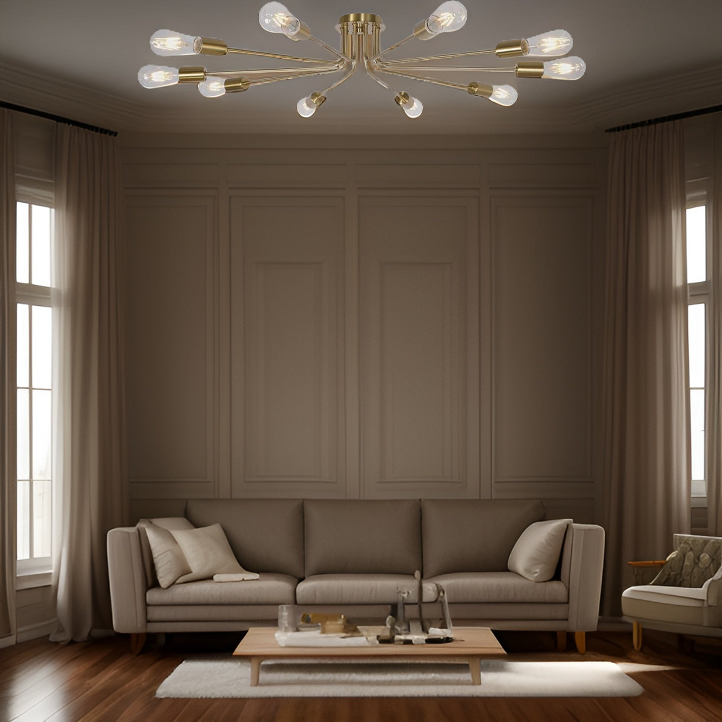 10 Light Sputnik Chandelier Brushed Gold Ceiling Light Semi Flush Mount Light Ceiling Lamp