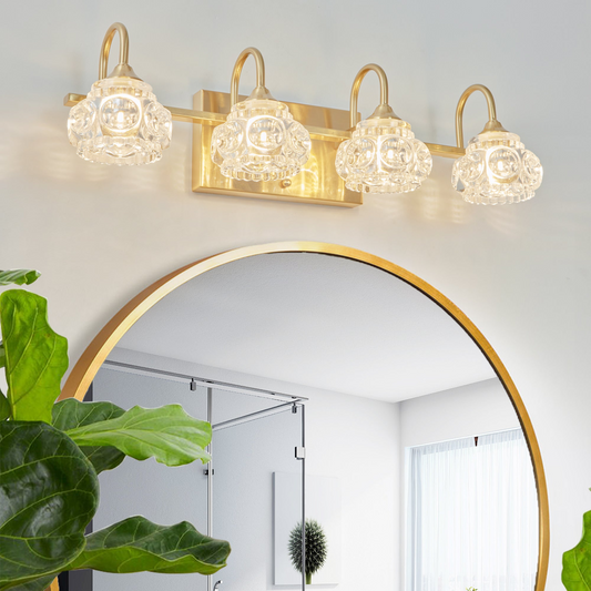 Modern Crystal Bathroom Vanity Light, 4-Light Golden Wall Sconce with Clear Glass Shade, Elegant Wall Mount Lighting for Bathroom, Powder Room, or Vanity Mirror (No Bulbs)