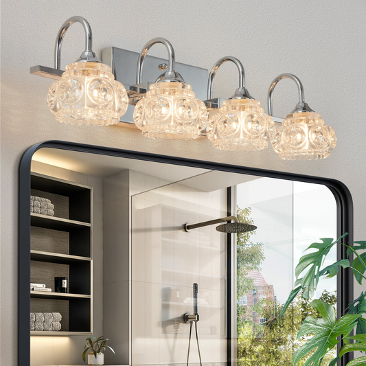 Brushed Nickel Finish Vintage Crystal Vanity Light - Elegant 4-Light Bathroom Mirror Fixture with Clear Glass Shades