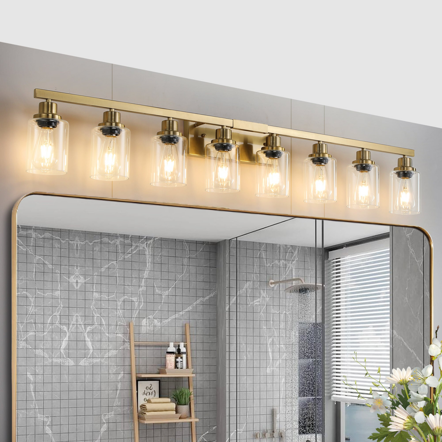Golden 8-Light Vanity Light with Clear Glass Shades, Modern Iron Metal Bathroom Wall Fixture for Mirror, Ideal for Bathroom and Dressing Table (No Bulbs)