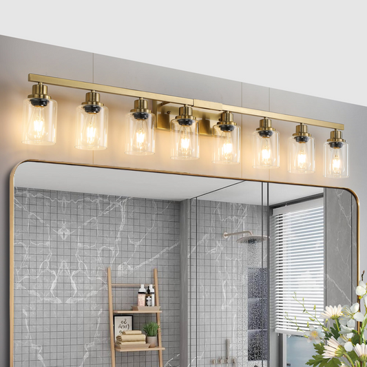 Golden 8-Light Vanity Light with Clear Glass Shades, Modern Iron Metal Bathroom Wall Fixture for Mirror, Ideal for Bathroom and Dressing Table (No Bulbs)