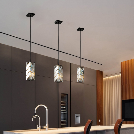 Modern Crystal Pendant Light - 3 Pack, Adjustable Hanging Ceiling Lamp with Crystal Prism Design for Dining Room, Kitchen Island, and Living Room -Black Finish