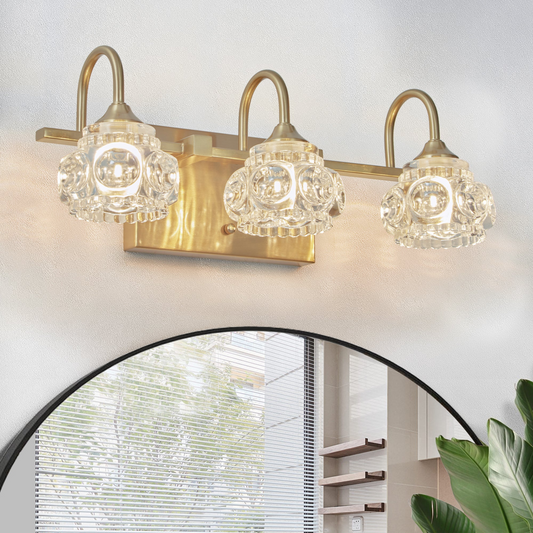 Modern Crystal Bathroom Vanity Light, 3-Light Golden Wall Sconce with Clear Glass Shade, Elegant Wall Mount Lighting for Bathroom, Powder Room, or Vanity Mirror (No Bulbs)