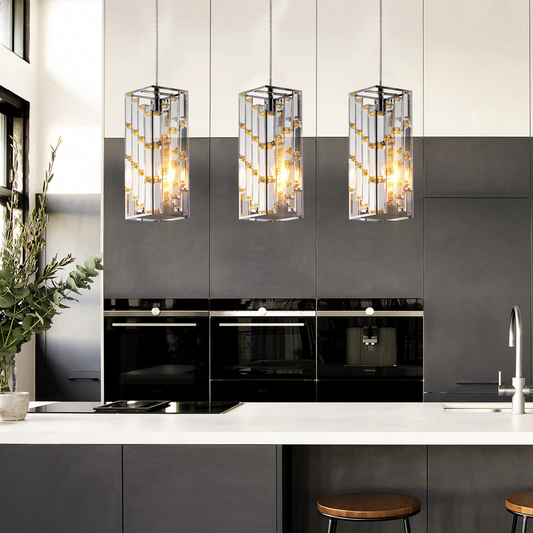 Modern Crystal Pendant Light - 3 Pack, Adjustable Hanging Ceiling Lamp with Crystal Prism Design for Dining Room, Kitchen Island, and Living Room -Chrome Finish