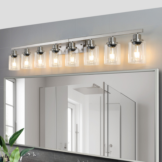 Modern 8-Light Bathroom Vanity Light Fixture - Brushed Nickel Finish with Clear Glass Shades, Perfect for Bathroom, Vanity, and Dressing Area Lighting (No Bulbs)