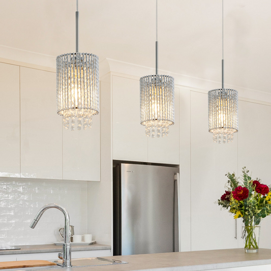 Modern Crystal Pendant Light 3-Pack Adjustable Chrome Hanging Ceiling Fixture with Clear Beads, Elegant Design for Kitchen Island, Dining Room, or Living Room (No Bulbs)