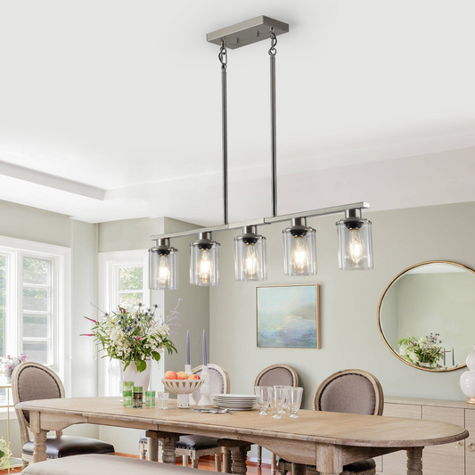 Brushed Nickel 5-Light Chandelier - Contemporary Kitchen Island Pendant Light with Clear Glass Shades for Dining Room, Farmhouse, or Modern Decor (No Bulbs)