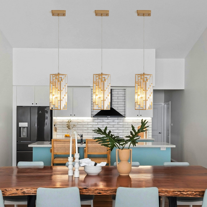 Modern Crystal Pendant Light - 3 Pack, Adjustable Hanging Ceiling Lamp with Crystal Prism Design for Dining Room, Kitchen Island, and Living Room -Golden Finish