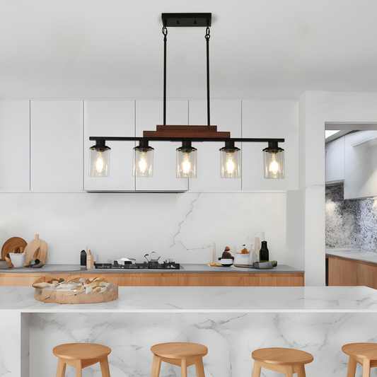 Farmhouse Industrial 5-Light Kitchen Island Pendant Light, Metal Wood Chandelier with Clear Glass Shades, Adjustable Height Hanging Fixture for Dining Room, Living Room, and Kitchen(No Bulbs)