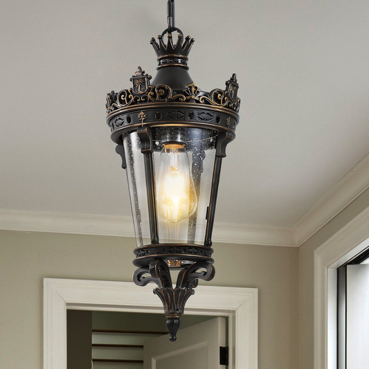 Antique Crown Outdoor Hanging Lantern, Waterproof Vintage Pendant Light with Ornate Metal Design and Clear Glass for Patio, Garden, Porch, Entryway Lighting (One piece&No bulb)