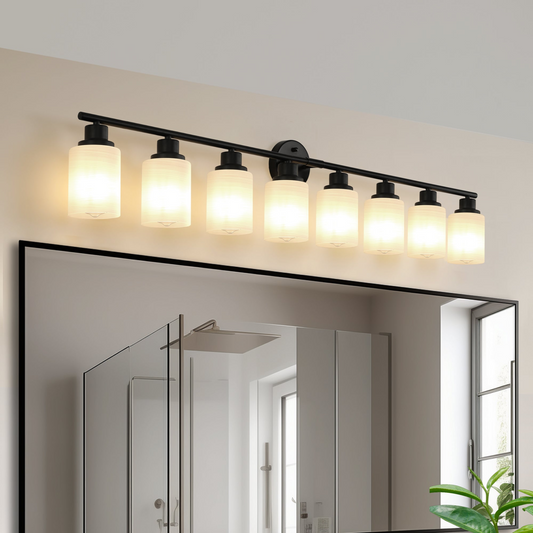 Modern 8-Light Vanity Bathroom Mirror Light, Frosted White Glass with Black Iron Frame, Contemporary Wall Sconce for Bedroom, Bathroom, And Dressing Room (Bulb Not Included)