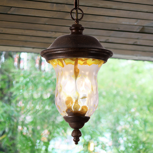 Rustic Outdoor Hanging Lantern, Weatherproof Vintage Pendant Light with Clear Glass Shade, Waterproof Exterior Lighting Fixture for Porch, Patio, or Garden (One piece&No bulb)