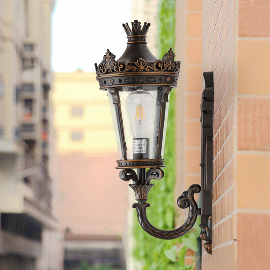 Vintage Outdoor Wall Lantern, Waterproof Exterior Wall Sconce with Crown Top and Clear Glass, Decorative Outdoor Lighting Fixture for Patio, Garden, or Entryway (One piece&No bulb)