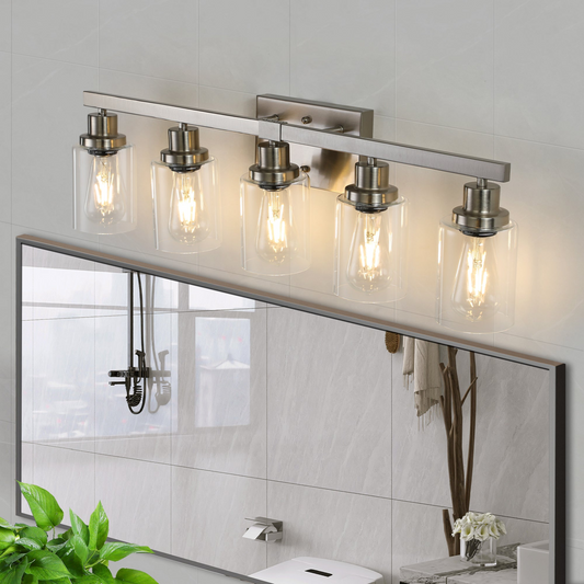 Modern 5-Light Bathroom Vanity Light Fixture - Brushed Nickel Finish with Clear Glass Shades, Perfect for Bathroom, Vanity, and Dressing Area Lighting (No Bulbs)