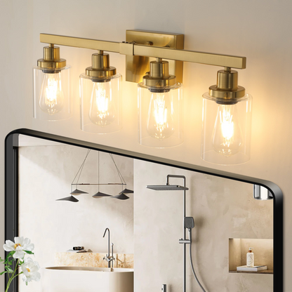 Golden 4-Light Vanity Light with Clear Glass Shades, Modern Iron Metal Bathroom Wall Fixture for Mirror, Ideal for Bathroom and Dressing Table (No Bulbs)