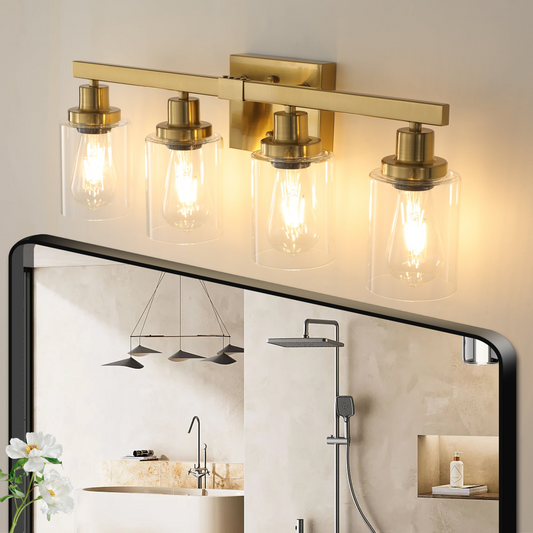 Golden 4-Light Vanity Light with Clear Glass Shades, Modern Iron Metal Bathroom Wall Fixture for Mirror, Ideal for Bathroom and Dressing Table (No Bulbs)