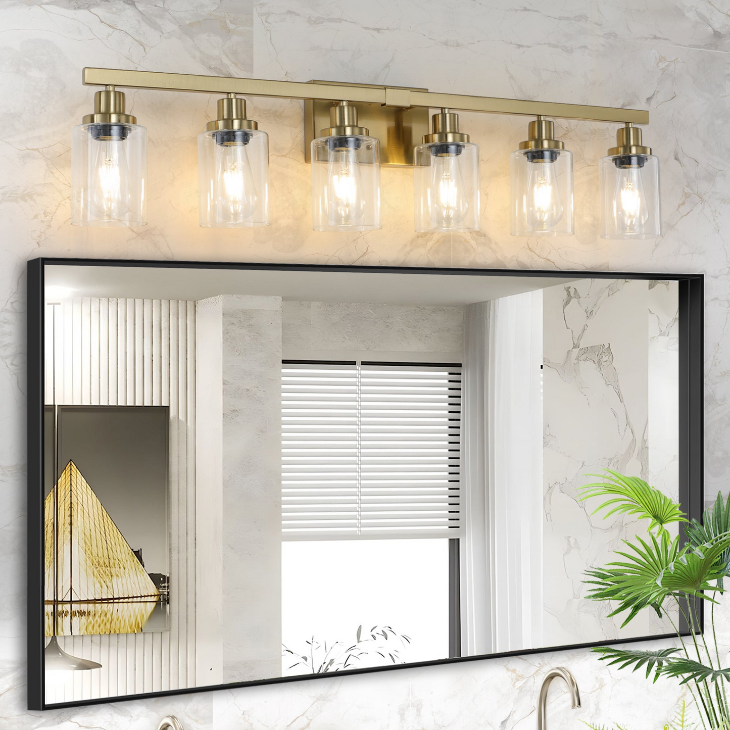 Golden 6-Light Vanity Light with Clear Glass Shades, Modern Iron Metal Bathroom Wall Fixture for Mirror, Ideal for Bathroom and Dressing Table (No Bulbs)