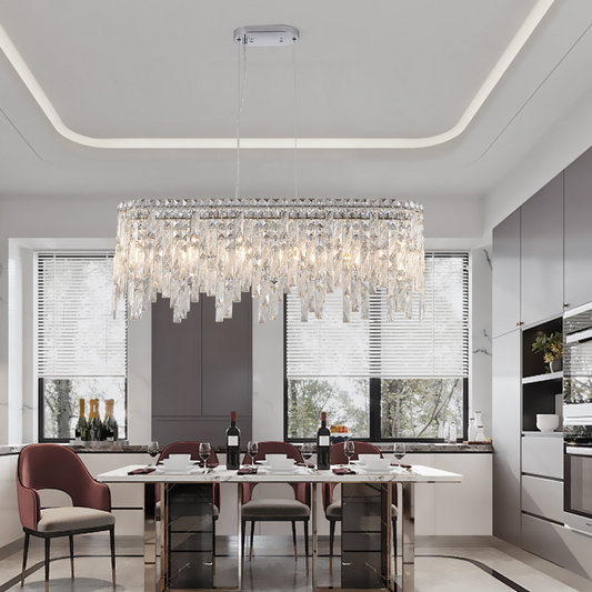 Silver Elegant Oval Crystal Chandelier, Modern Ceiling Light Fixture with Reflective Hanging Crystals for Dining Room, Living Room, and FoyerS (Bulbs Not Included)