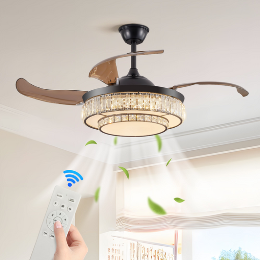 Contemporary LED Retractable Ceiling Fan with Light and Remote Control, Quiet Reversible Motor,4 Blades Modern Ceiling Fans for Kitchen Bedroom Dining Room Patio