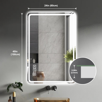40*24 Inch LED Bathroom Mirror Vanity Mirrors with Front Lights Wall Mounted Anti-Fog Frameless Make Up Mirror with Light 5 mm Copper-Free Silver Mirror Horizontal or Vertical
