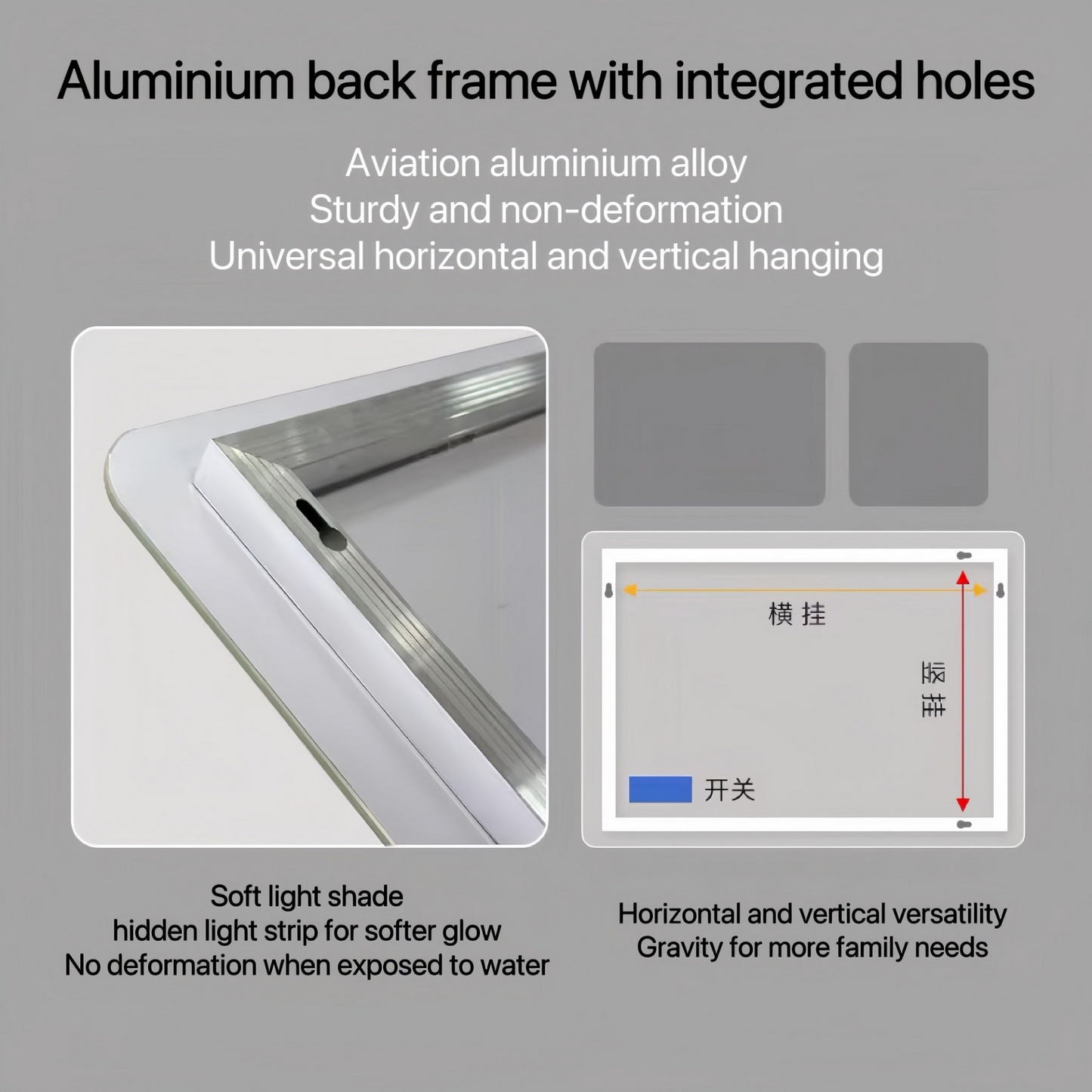 40*24 Inch LED Bathroom Mirror Vanity Mirrors with Front Lights Wall Mounted Anti-Fog Frameless Make Up Mirror with Light 5 mm Copper-Free Silver Mirror Horizontal or Vertical